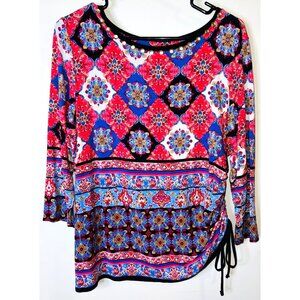 Ruby Rd. XL Multicolor Boho Tunic Top With Drawstring Ruched side  3/4 Sleeves